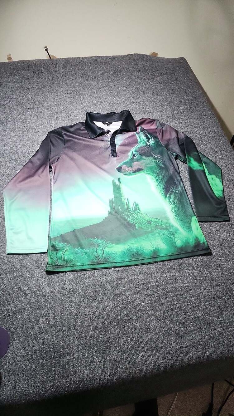 Ouku Men's 3D Aurora Green Wolf Graphic Long Sleeve Polo Shirt